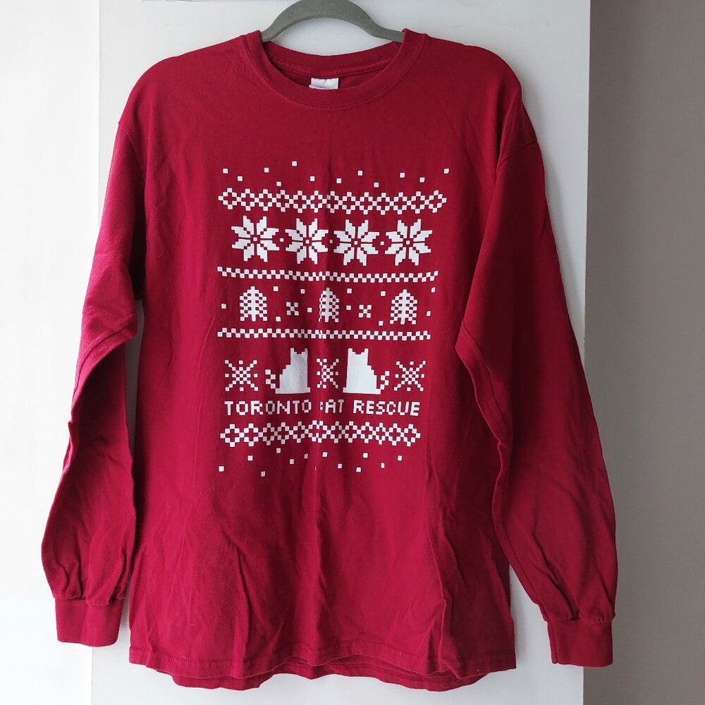 Ugly Christmas w/ Cats Red Long Sleeve Shirt Long-Sleeve Tee Graphic Top Unisex